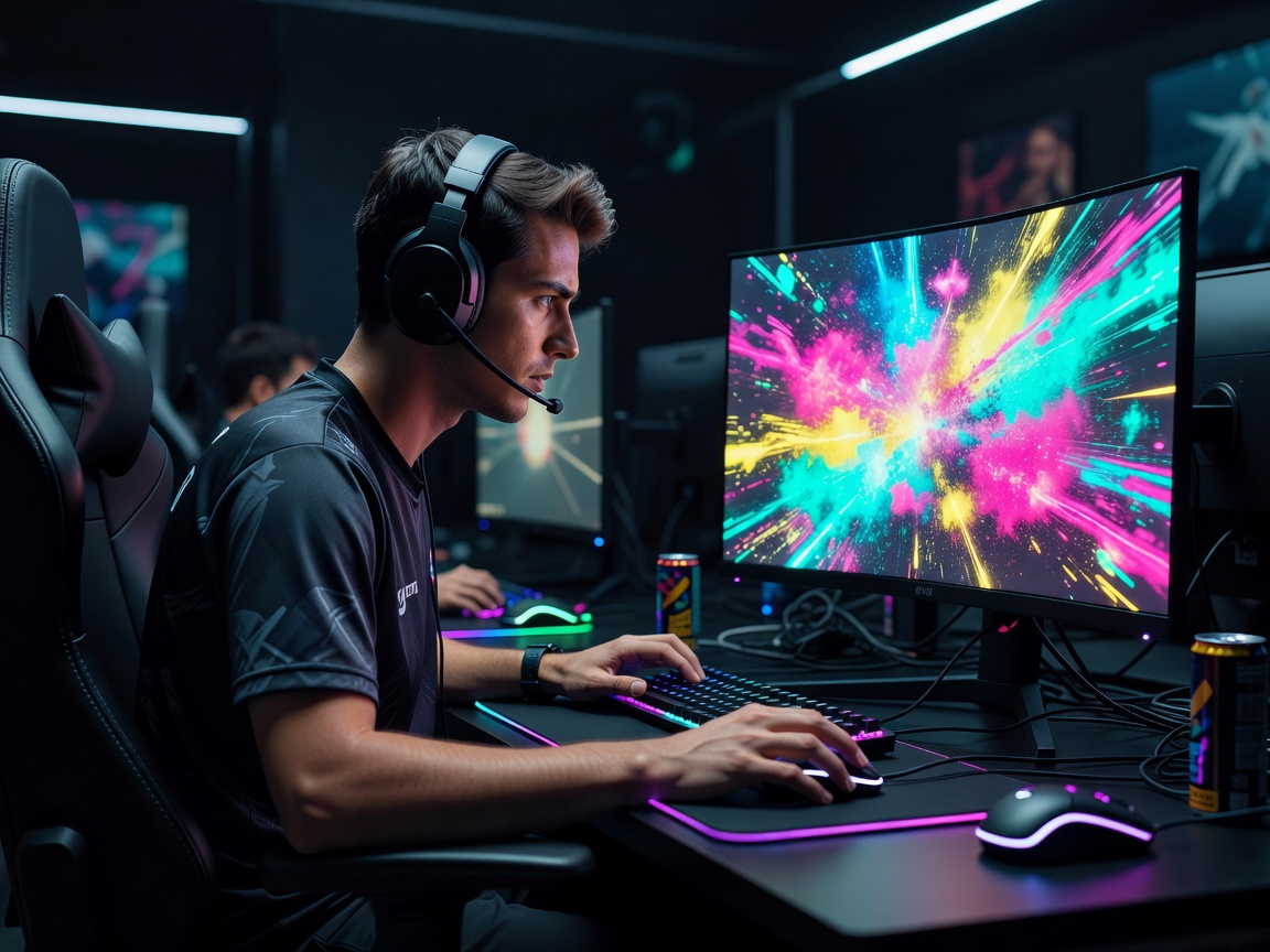 Esports-pelaaja värikkään näytön äärellä